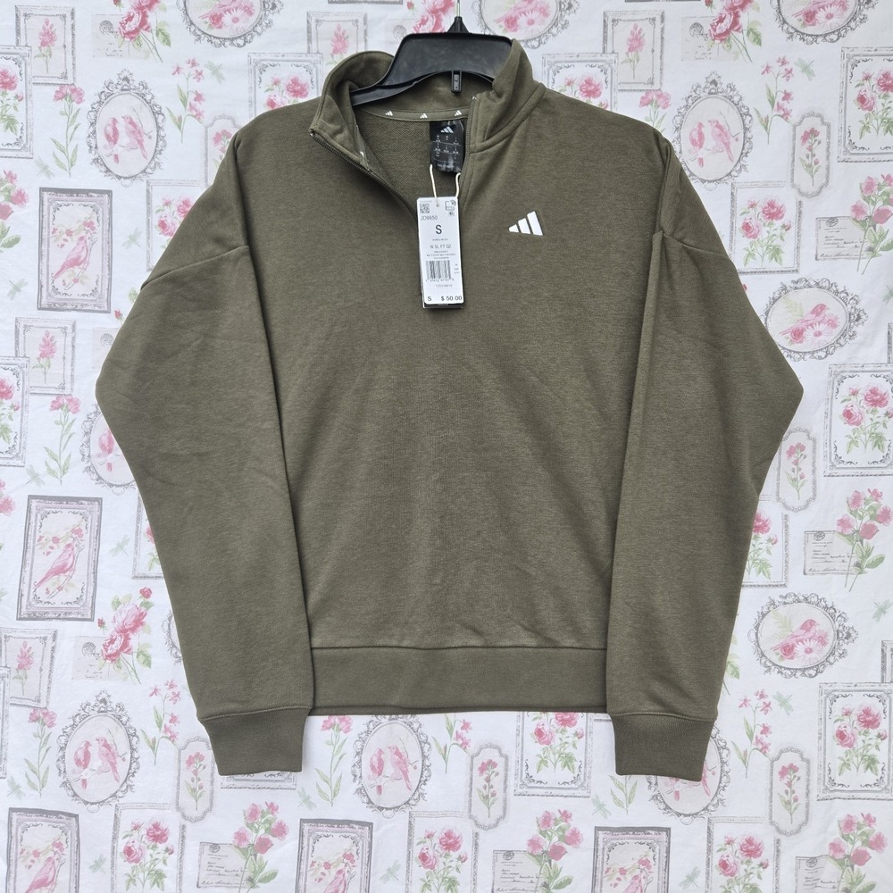 NWT Adidas Women French Terry 1/4 Zip Pullover Sweatshirt S Olive Strata JD9950
